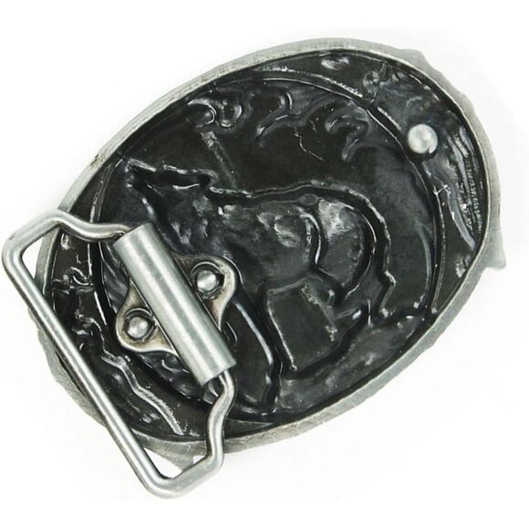 Men's Wolf Western Fashion Retro Black Enamel Grey Tone Zinc Alloy Belt Buckle - Picture 3 of 4
